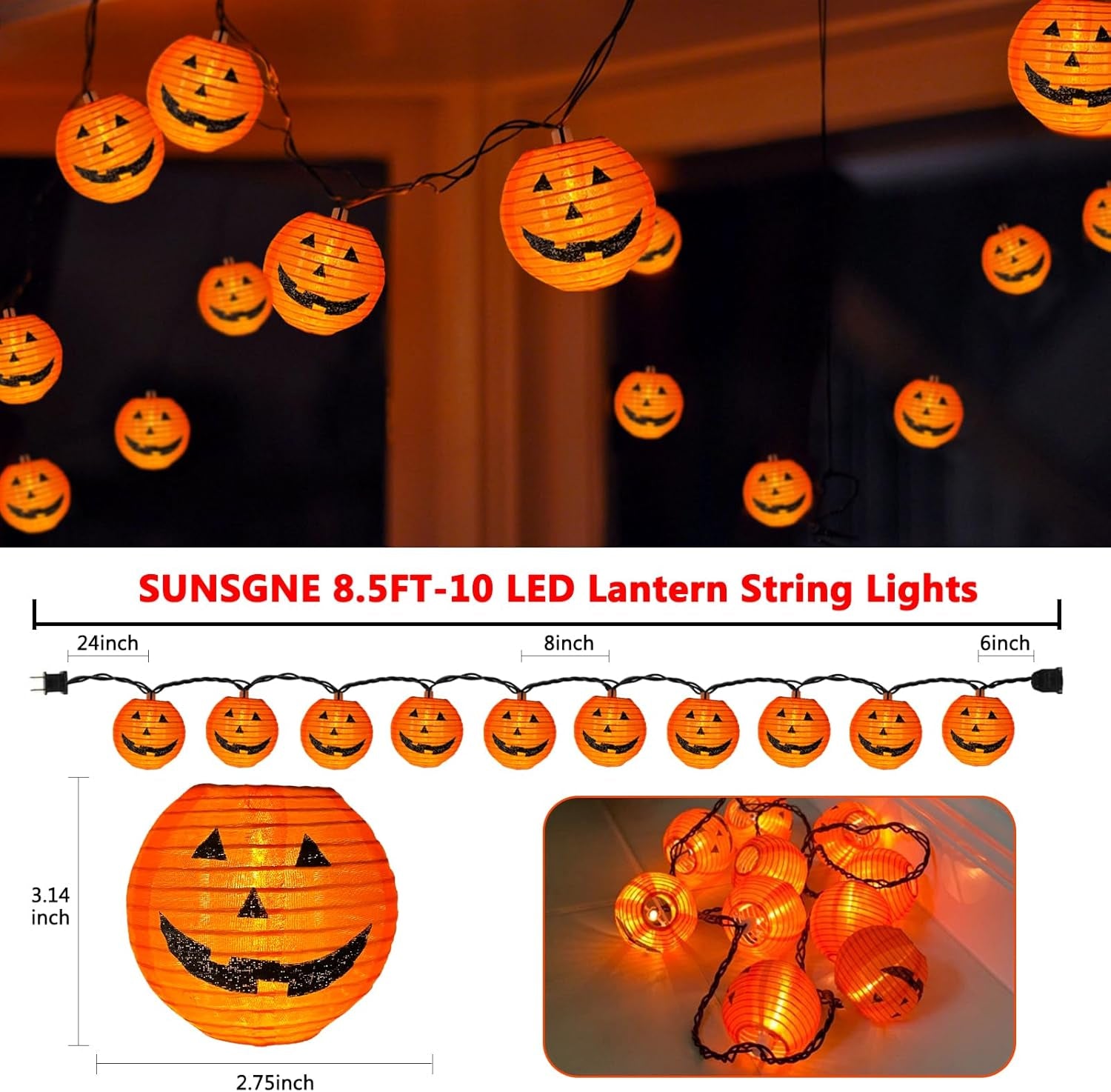 Halloween Pumpkin Lantern String Lights, 8.5Ft Orange Pumpkin String Lights with 10 Nylon Jack Smiling Face Lanterns, Halloween Lantern Lights for Indoor Outdoor Halloween Party Decor