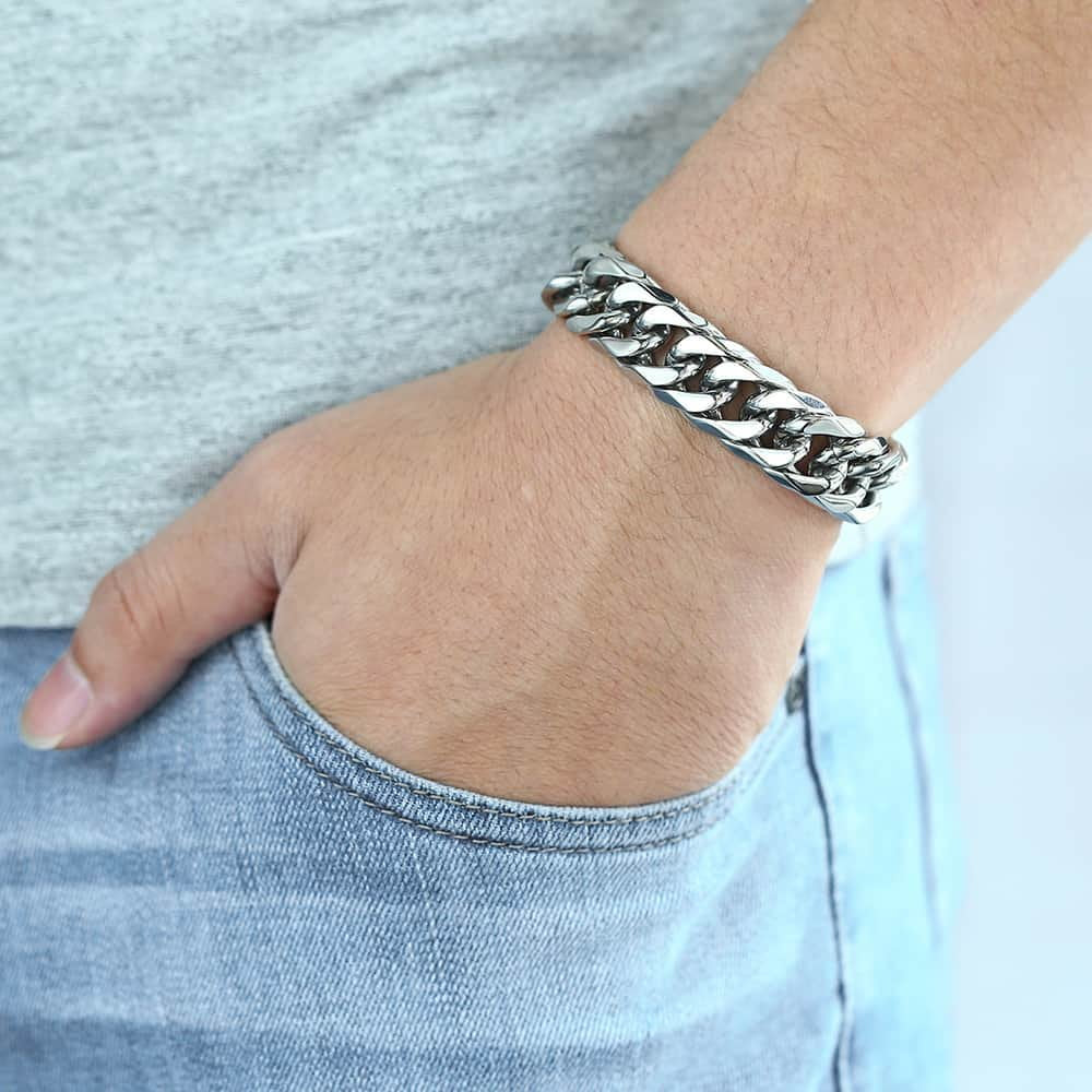 15Mm Wide 8 Inch Curb Cuban Rombo Mens 316L Stainless Steel Chain Bracelet Silver