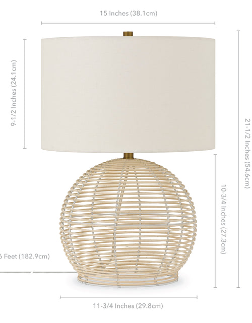 Load image into Gallery viewer, 21&quot; Coastal Rattan Table Lamp with White Drum Linen Shade
