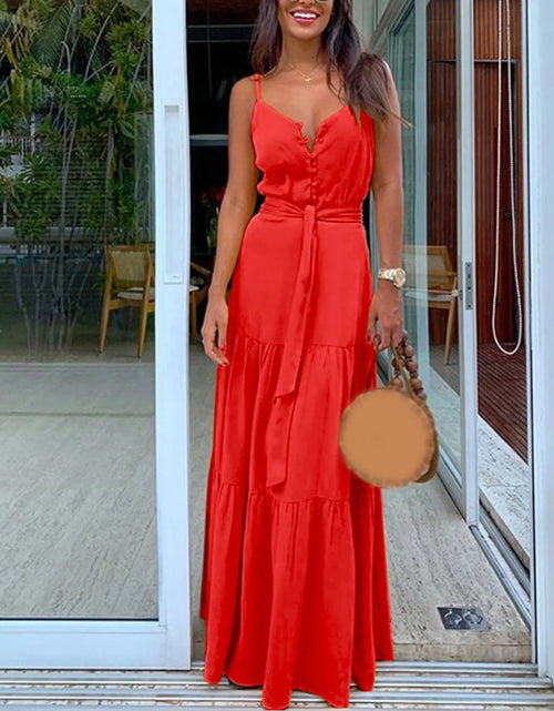 Load image into Gallery viewer, Party Elegant Summer Dresses V Neck Button Belt High Waist Boho Sling Long  Robe
