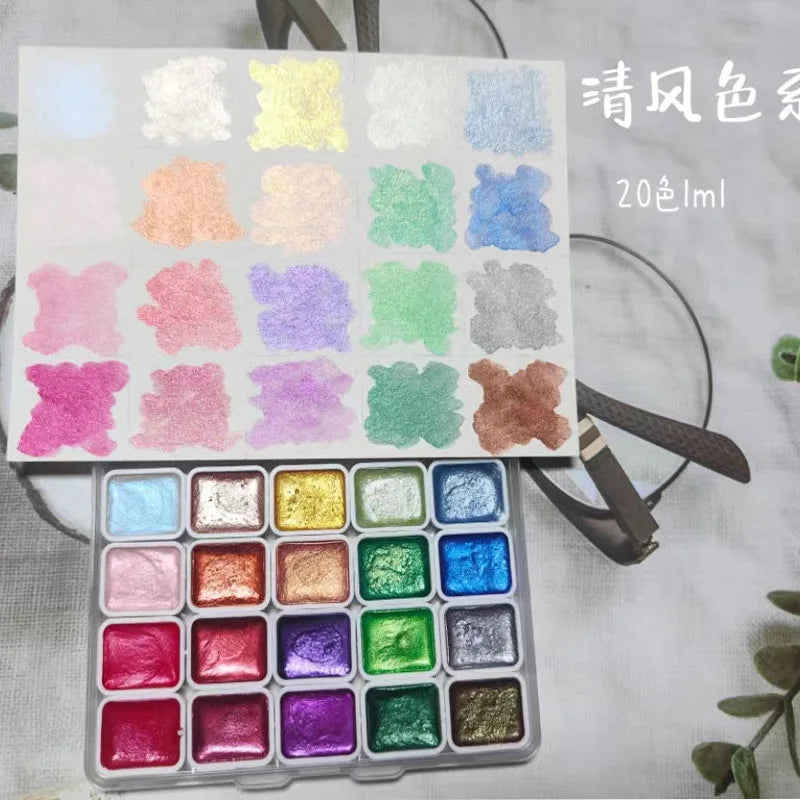 20 Colors 0.03Oz Solid Pearlescent Watercolor Paint Set Chameleon Glitter Pigment Student Watercolor Painting Nail Deco Art Pain