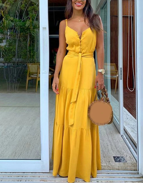 Load image into Gallery viewer, Party Elegant Summer Dresses V Neck Button Belt High Waist Boho Sling Long  Robe
