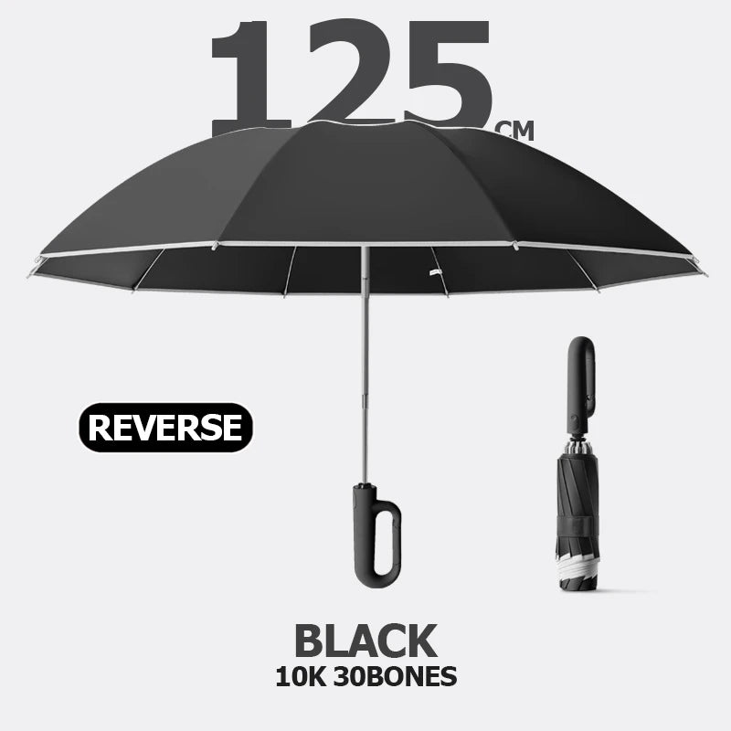 Big Windproof Strong Umbrella with Reflective Stripe Reverse Automatic Fold UV Umbrella for Rain Sun Carabiner Handle Luxury