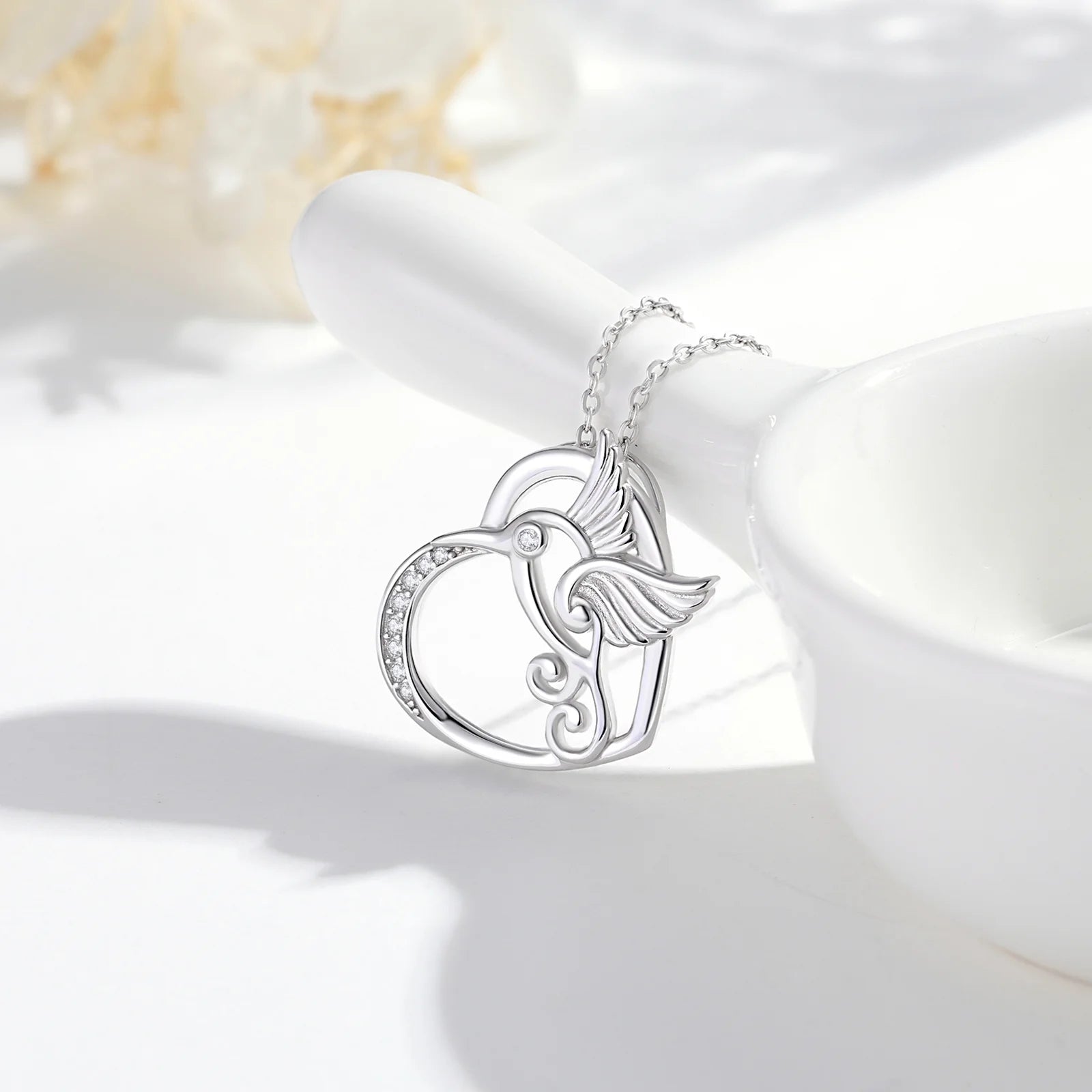 Hummingbird Necklace 925 Sterling Silver Heart Pendant Necklaces Mom Daughter Wife