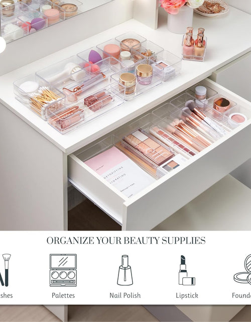 Load image into Gallery viewer, Simplesort 18-Piece Stackable Clear Drawer Organizer Set | Multi-Size Trays | Makeup Vanity Storage Bins and Office Desk Drawer Dividers | Made in USA
