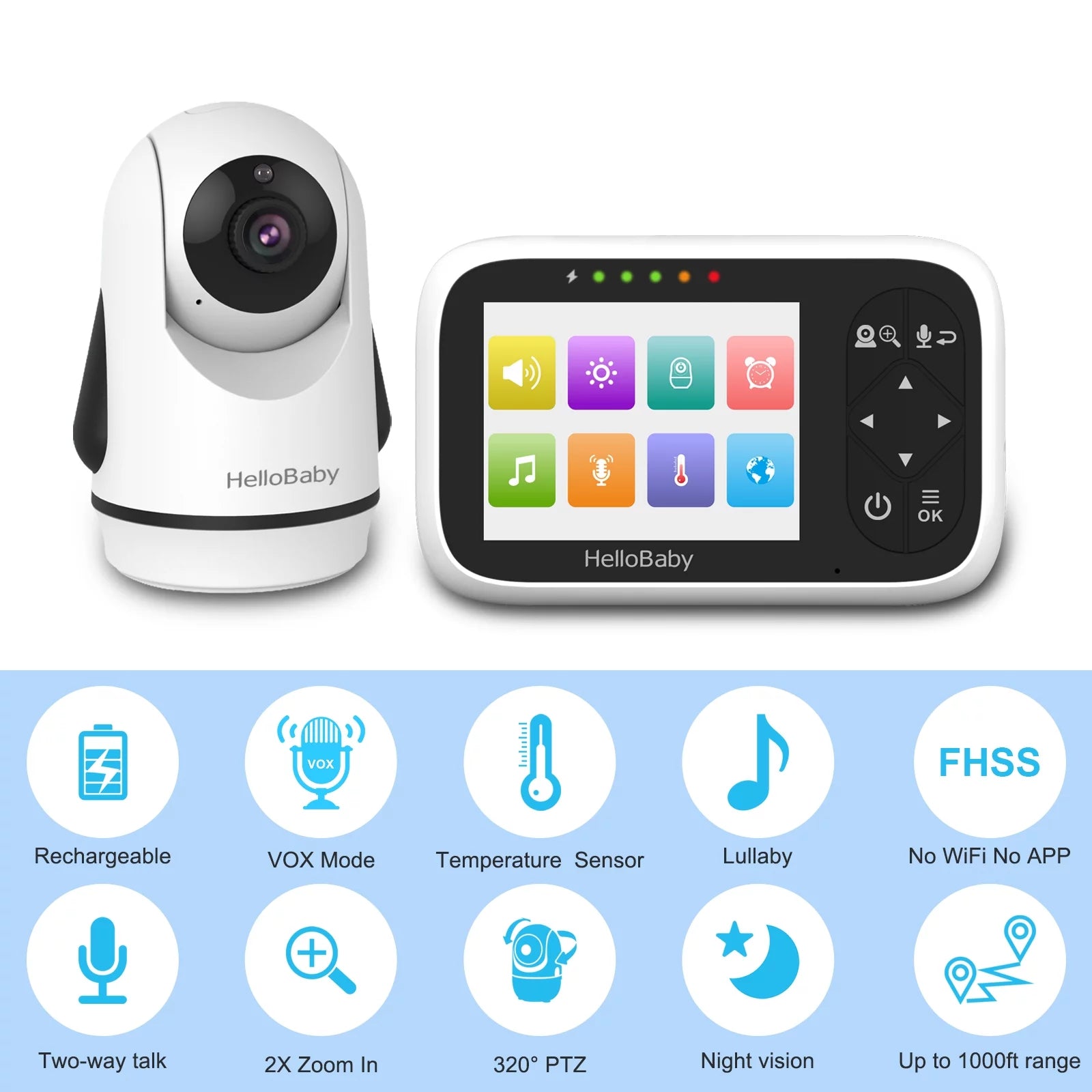 Baby Monitor-Hb6336 with Camera and Audio, 3.2" IPS Color Display, Full Remote Pan Zoom, IR Night Vision, 1000 Ft. Range, Wall Mount, No Wifi Baby Camera Monitor