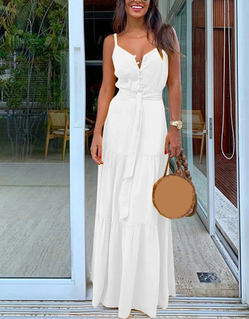 Load image into Gallery viewer, Party Elegant Summer Dresses V Neck Button Belt High Waist Boho Sling Long  Robe
