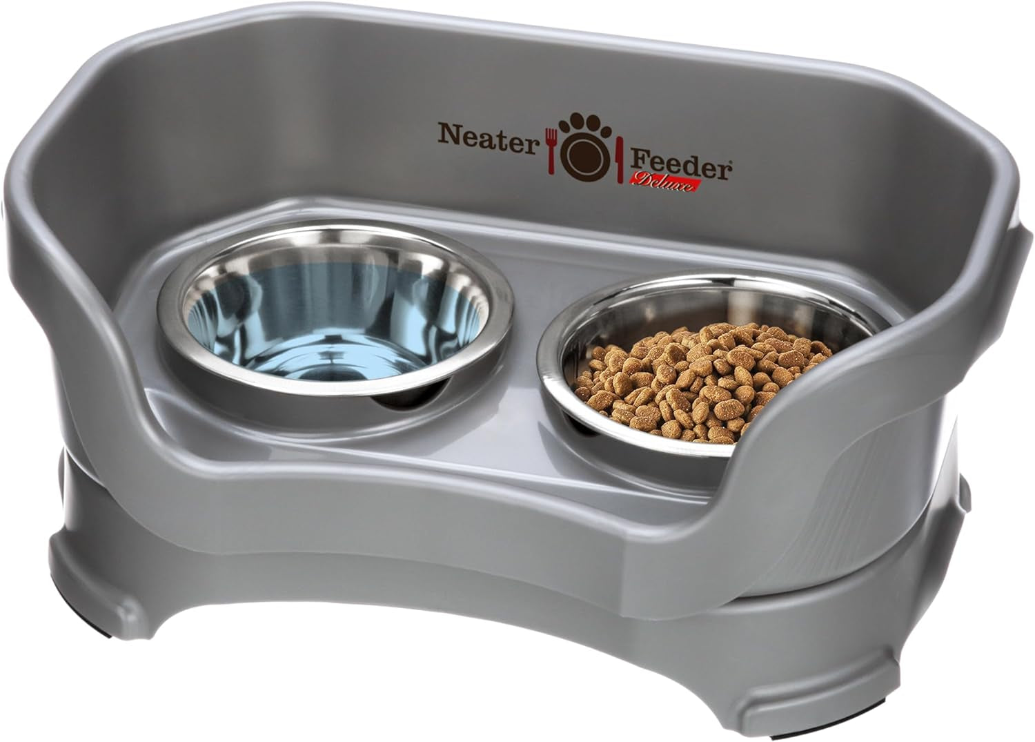 Neater Feeder - Mess-Proof Dog Bowls (Small, Gunmetal Grey) - Made in USA - Elevated, Non Slip, Raised Stainless Steel Food & Water Pet Bowls