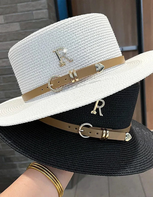 Load image into Gallery viewer, Summer Sun Hat Flat Top Straw Hats for Women New Metal R Letter Fashionable Beach Sun Hat Females Travel Holidays Boater Hat
