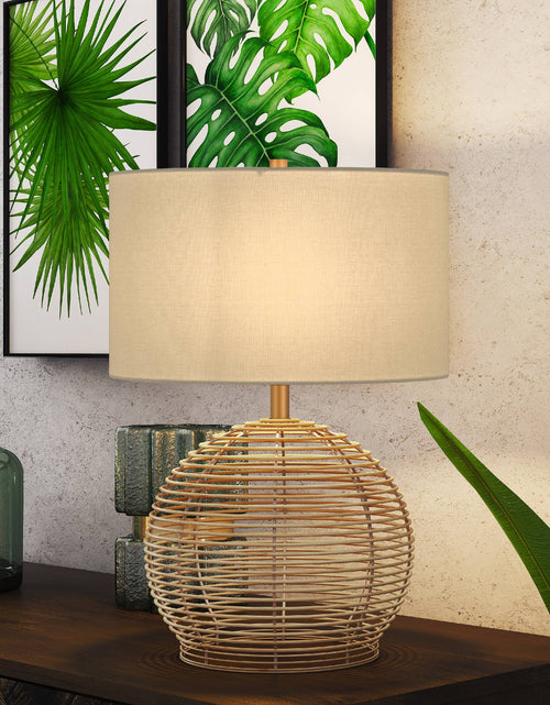 Load image into Gallery viewer, 21&quot; Coastal Rattan Table Lamp with White Drum Linen Shade
