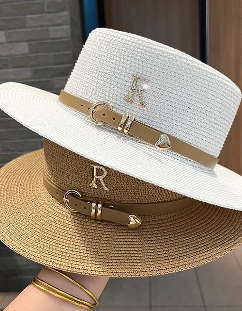 Load image into Gallery viewer, Summer Sun Hat Flat Top Straw Hats for Women New Metal R Letter Fashionable Beach Sun Hat Females Travel Holidays Boater Hat
