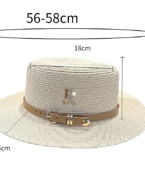 Load image into Gallery viewer, Summer Sun Hat Flat Top Straw Hats for Women New Metal R Letter Fashionable Beach Sun Hat Females Travel Holidays Boater Hat
