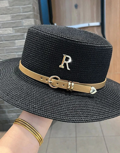 Load image into Gallery viewer, Summer Sun Hat Flat Top Straw Hats for Women New Metal R Letter Fashionable Beach Sun Hat Females Travel Holidays Boater Hat
