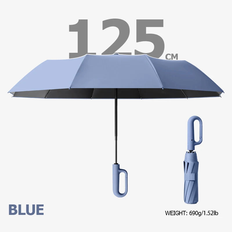 Big Windproof Strong Umbrella with Reflective Stripe Reverse Automatic Fold UV Umbrella for Rain Sun Carabiner Handle Luxury