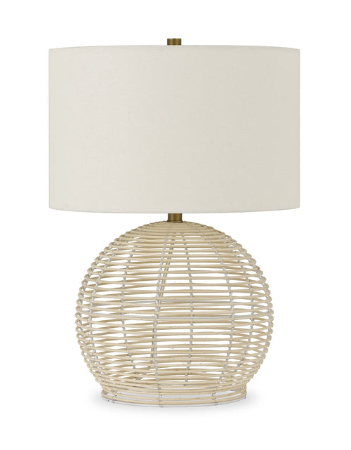 Load image into Gallery viewer, 21&quot; Coastal Rattan Table Lamp with White Drum Linen Shade
