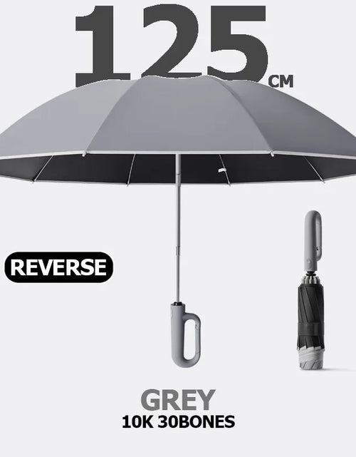 Load image into Gallery viewer, Big Windproof Strong Umbrella with Reflective Stripe Reverse Automatic Fold UV Umbrella for Rain Sun Carabiner Handle Luxury
