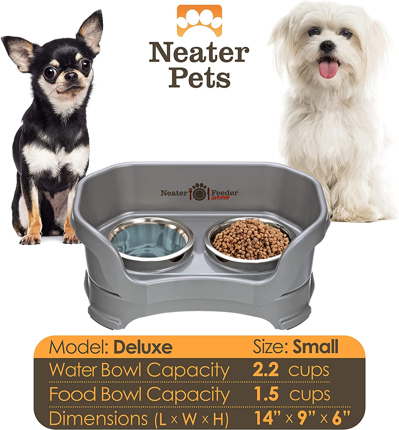 Neater Feeder - Mess-Proof Dog Bowls (Small, Gunmetal Grey) - Made in USA - Elevated, Non Slip, Raised Stainless Steel Food & Water Pet Bowls