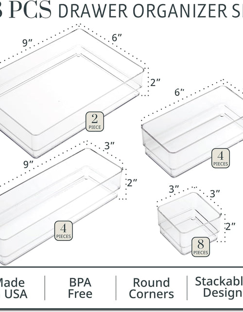 Load image into Gallery viewer, Simplesort 18-Piece Stackable Clear Drawer Organizer Set | Multi-Size Trays | Makeup Vanity Storage Bins and Office Desk Drawer Dividers | Made in USA
