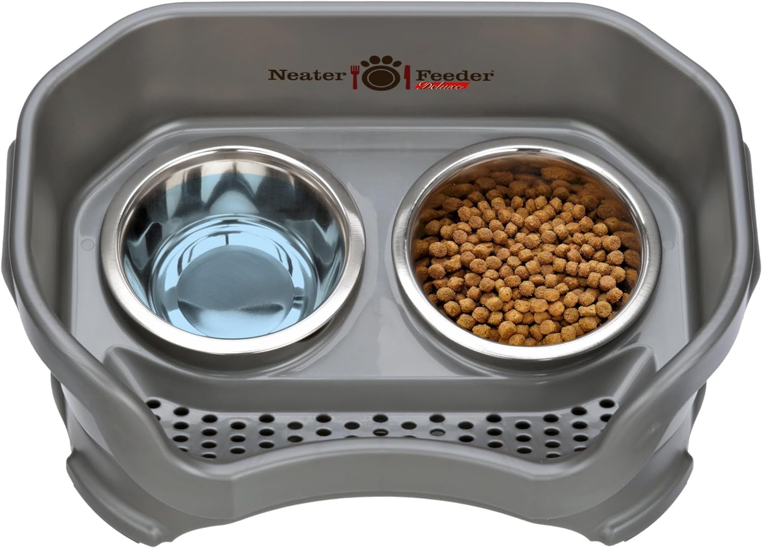 Neater Feeder - Mess-Proof Dog Bowls (Small, Gunmetal Grey) - Made in USA - Elevated, Non Slip, Raised Stainless Steel Food & Water Pet Bowls