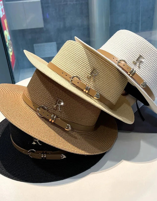 Load image into Gallery viewer, Summer Sun Hat Flat Top Straw Hats for Women New Metal R Letter Fashionable Beach Sun Hat Females Travel Holidays Boater Hat
