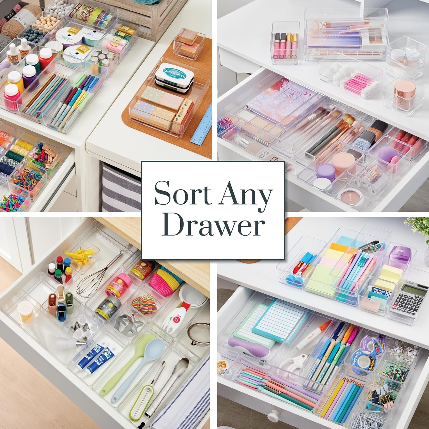 Simplesort 18-Piece Stackable Clear Drawer Organizer Set | Multi-Size Trays | Makeup Vanity Storage Bins and Office Desk Drawer Dividers | Made in USA