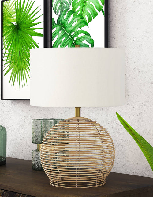 Load image into Gallery viewer, 21&quot; Coastal Rattan Table Lamp with White Drum Linen Shade
