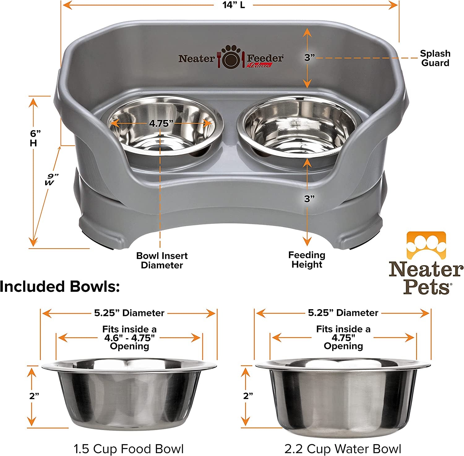 Neater Feeder - Mess-Proof Dog Bowls (Small, Gunmetal Grey) - Made in USA - Elevated, Non Slip, Raised Stainless Steel Food & Water Pet Bowls